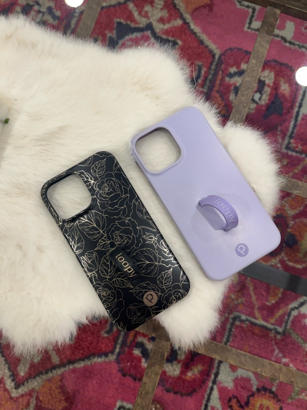 Loopy Case Duo: Black Gold Floral & Lavender Phone Cases with Loopy Grip